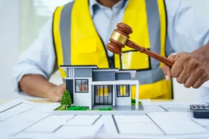 A construction worker holds a gavel over a model house, representing common construction disputes.