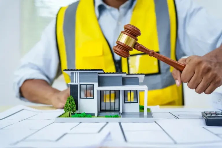 A construction worker holds a gavel over a model house, representing common construction disputes.