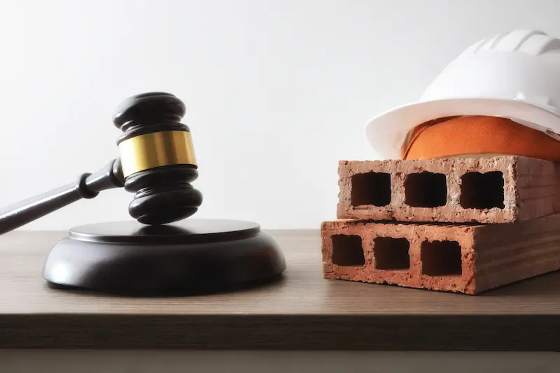 Construction payment disputes are represented by a gavel, construction hat, and bricks.