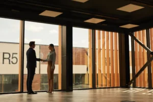 A business owner shakes hands with a lawyer over negotiating lease terms for a commercial property.
